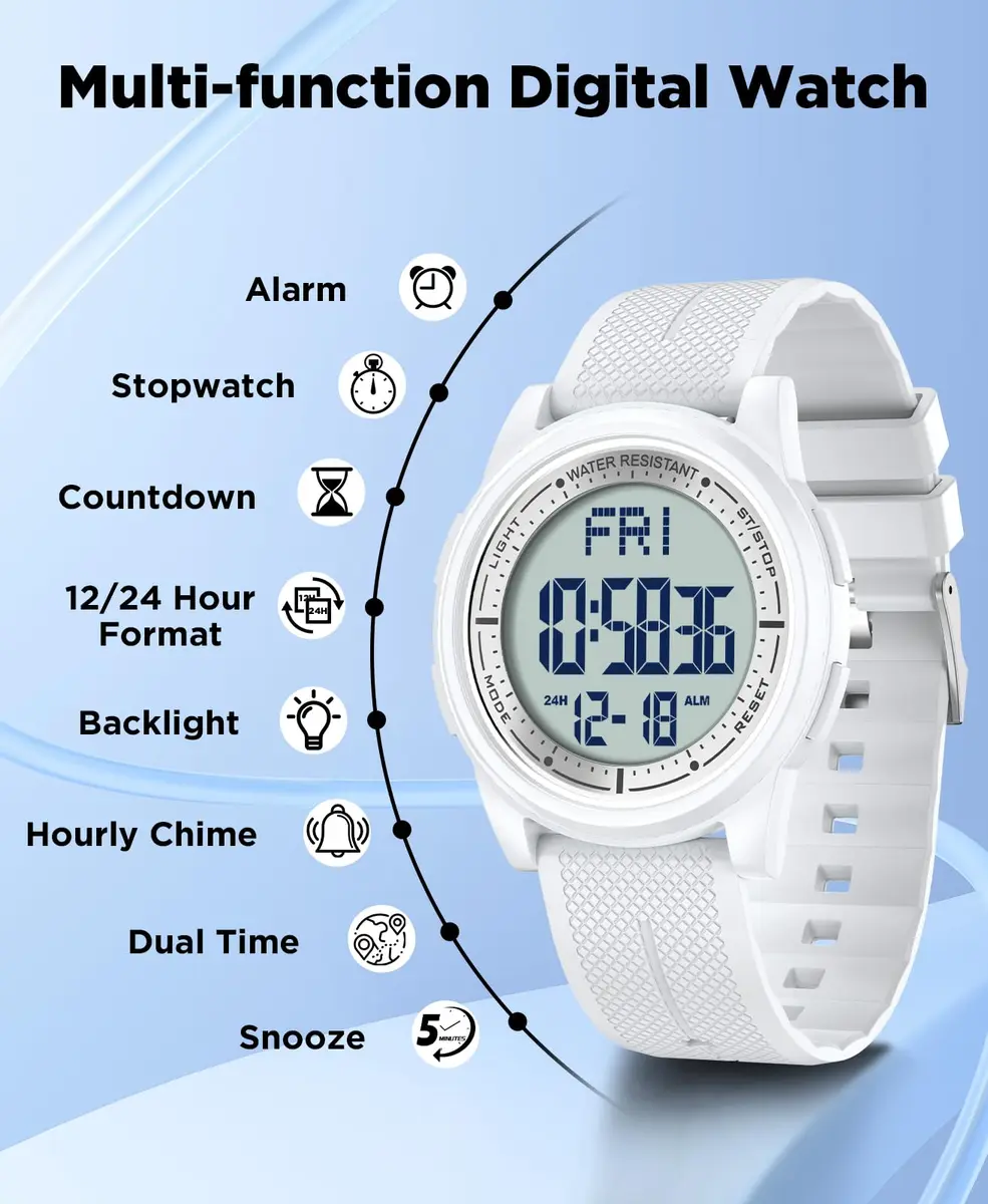 Beeasy Digital Watch for Men Women | 50M Waterproof, Ultra-Thin 6.6mm, 44mm Silicone Sports Watch with Alarm & Stopwatch - view 3