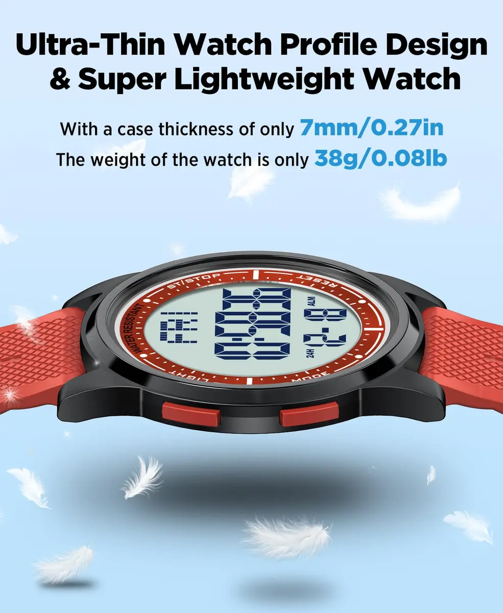 Beeasy Digital Watch Waterproof with Stopwatch Alarm Countdown Dual Time, Ultra-Thin 6.6mm Case, 50m Water-Resistant, Red - view 5