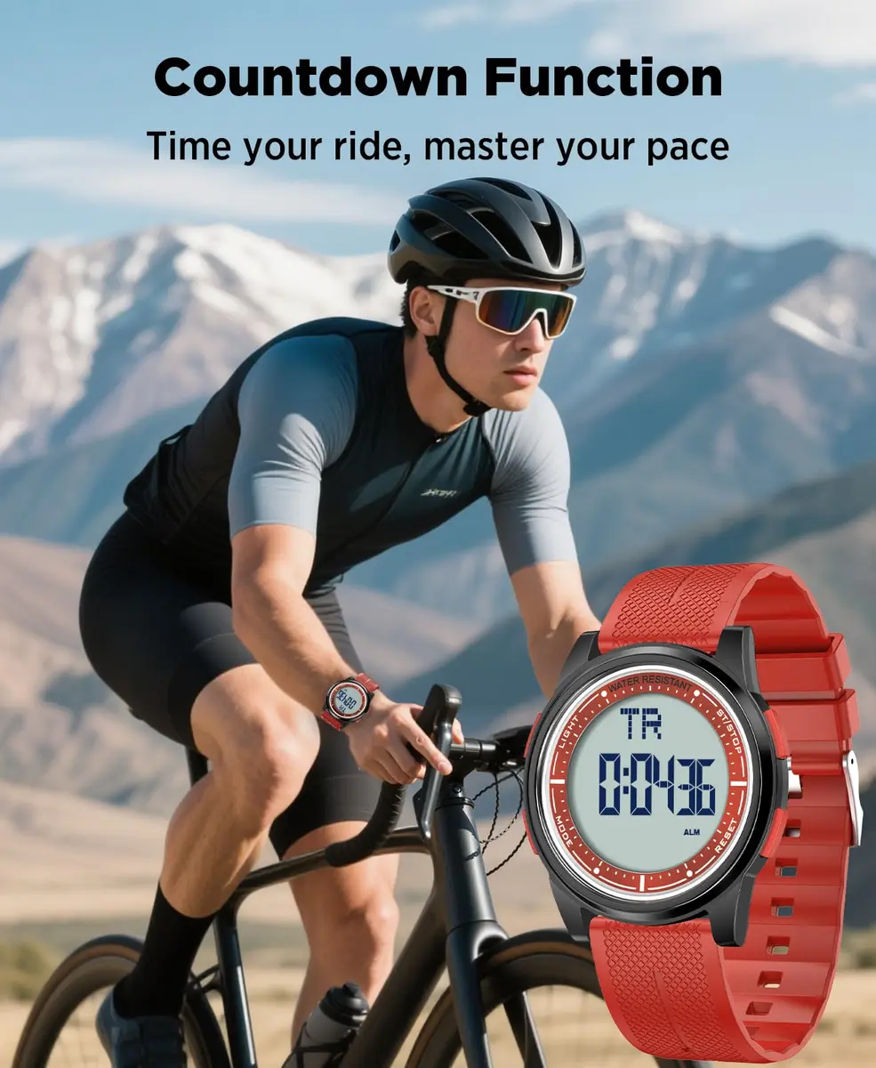 Beeasy Digital Watch Waterproof with Stopwatch Alarm Countdown Dual Time, Ultra-Thin 6.6mm Case, 50m Water-Resistant, Red - view 6