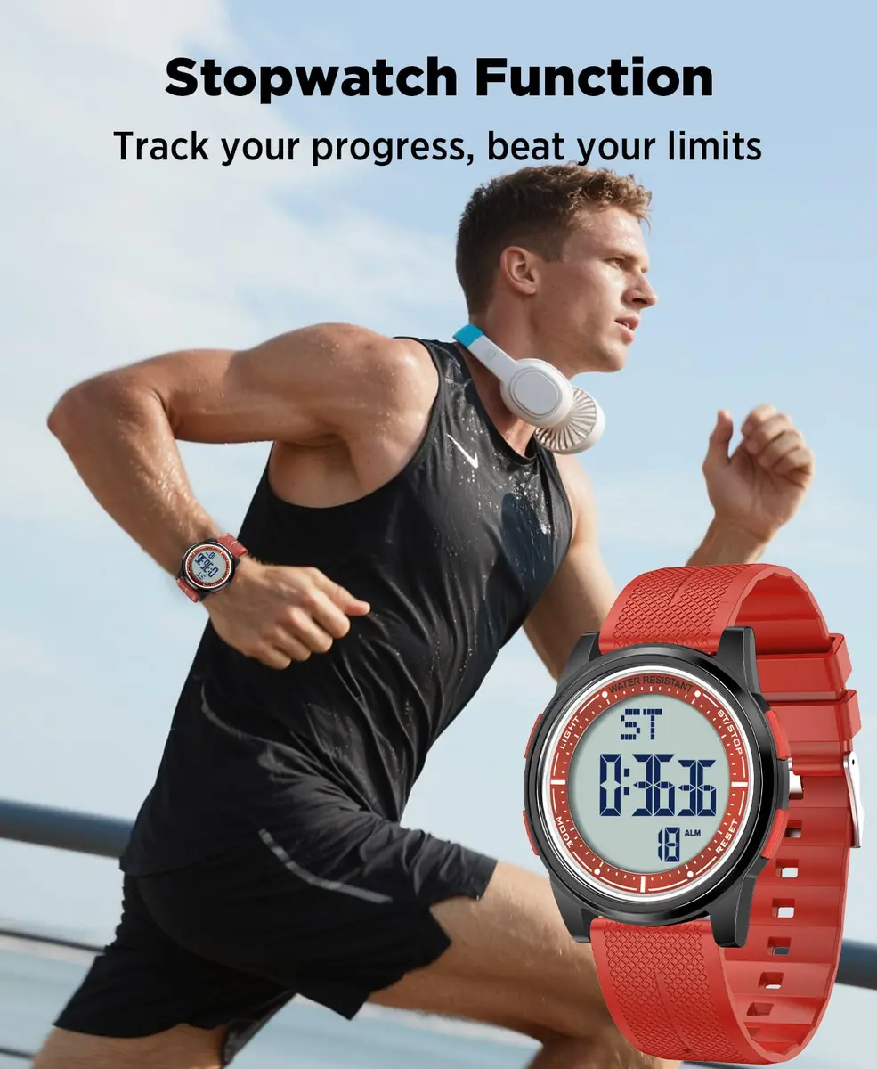 Beeasy Digital Watch Waterproof with Stopwatch Alarm Countdown Dual Time, Ultra-Thin 6.6mm Case, 50m Water-Resistant, Red - view 7