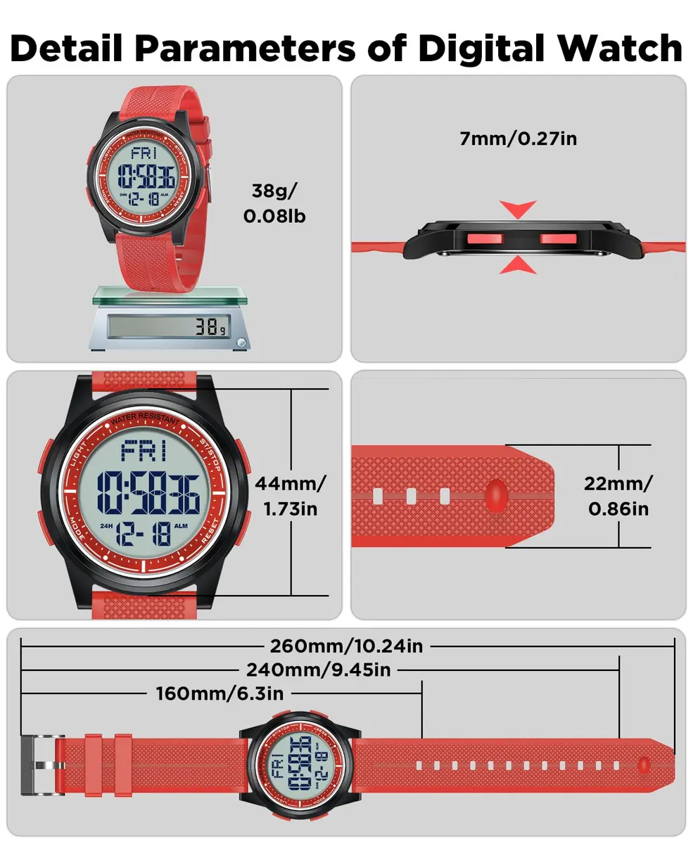 Beeasy Digital Watch Waterproof with Stopwatch Alarm Countdown Dual Time, Ultra-Thin 6.6mm Case, 50m Water-Resistant, Red - view 9