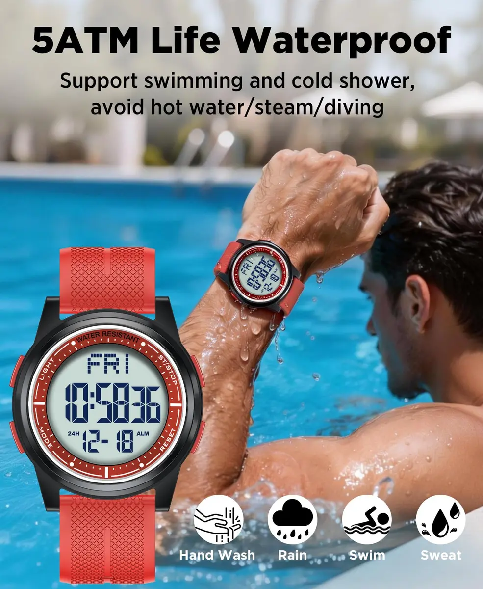 Beeasy Digital Watch Waterproof with Stopwatch Alarm Countdown Dual Time, Ultra-Thin 6.6mm Case, 50m Water-Resistant, Red - view 2