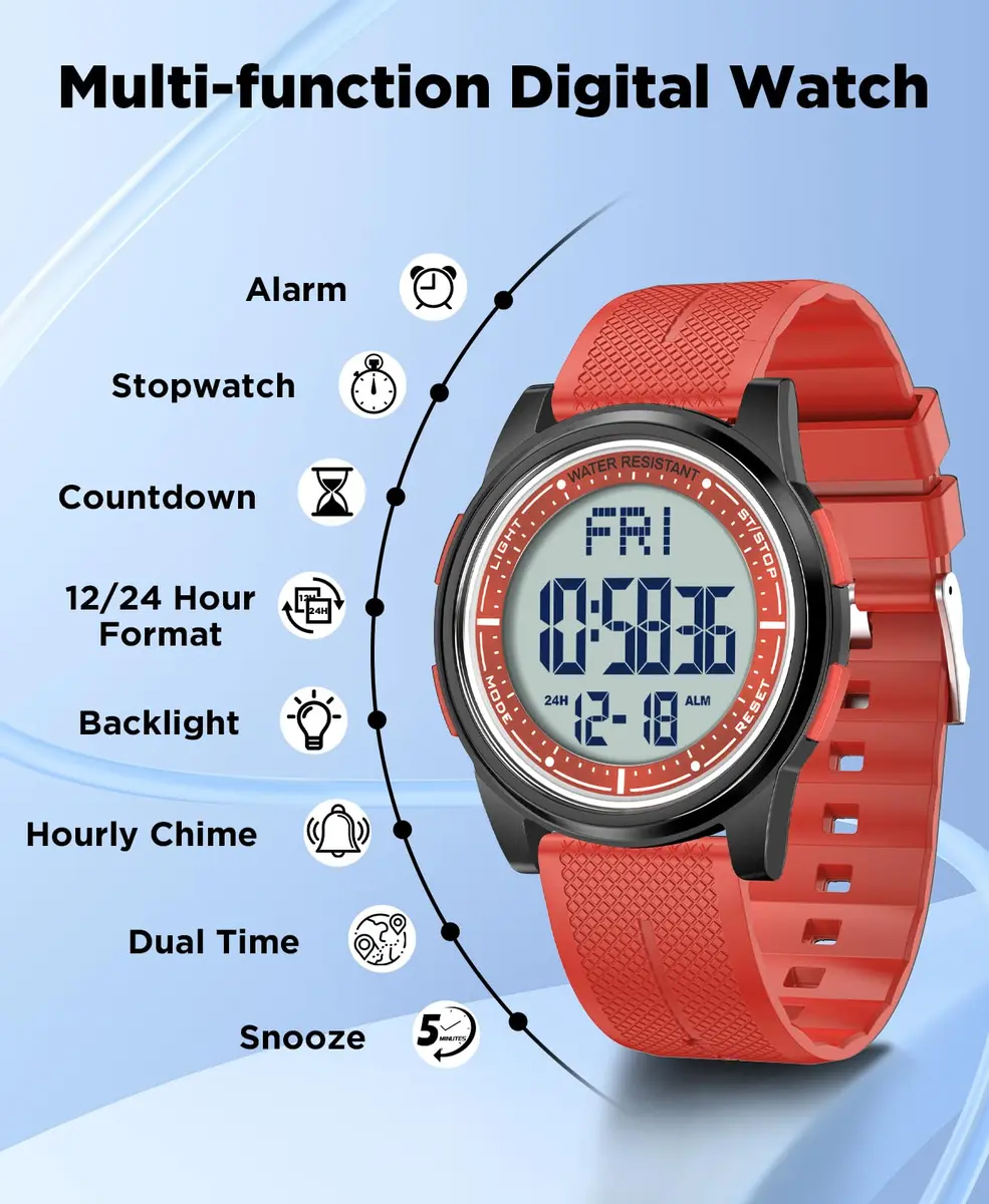 Beeasy Digital Watch Waterproof with Stopwatch Alarm Countdown Dual Time, Ultra-Thin 6.6mm Case, 50m Water-Resistant, Red - view 3