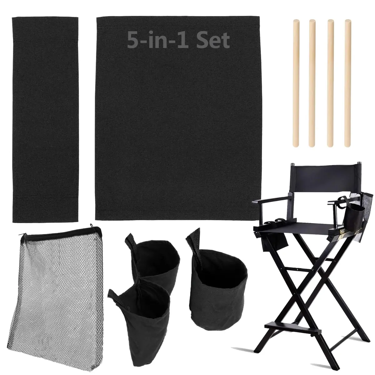 STAY GENT 5-in-1 Makeup Artist Chair Accessory Set - Black Replacement Canvas & Storage Bags | Fits Director Chairs 53x20cm Backrest, 53x42cm Seat - main product image