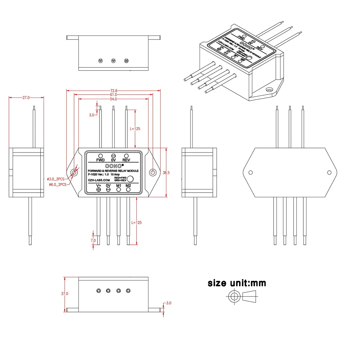 OONO 24V DC Reversing Relay Module with Momentary & Alternate Action Switches, 10A Rated Current | Powers Reversing Motor Equipment - view 6