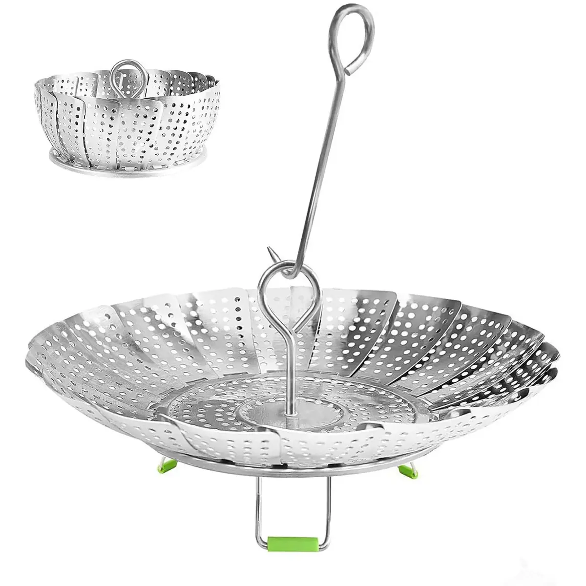 JMTEEA Stainless Steel Steamer Basket with Folding Silicone Feet & Safety Tool, 15.6cm (6.1" to 9.5") Adjustable Diameter | Healthy Cooking for Veggies, Fish, Seafood - main product image