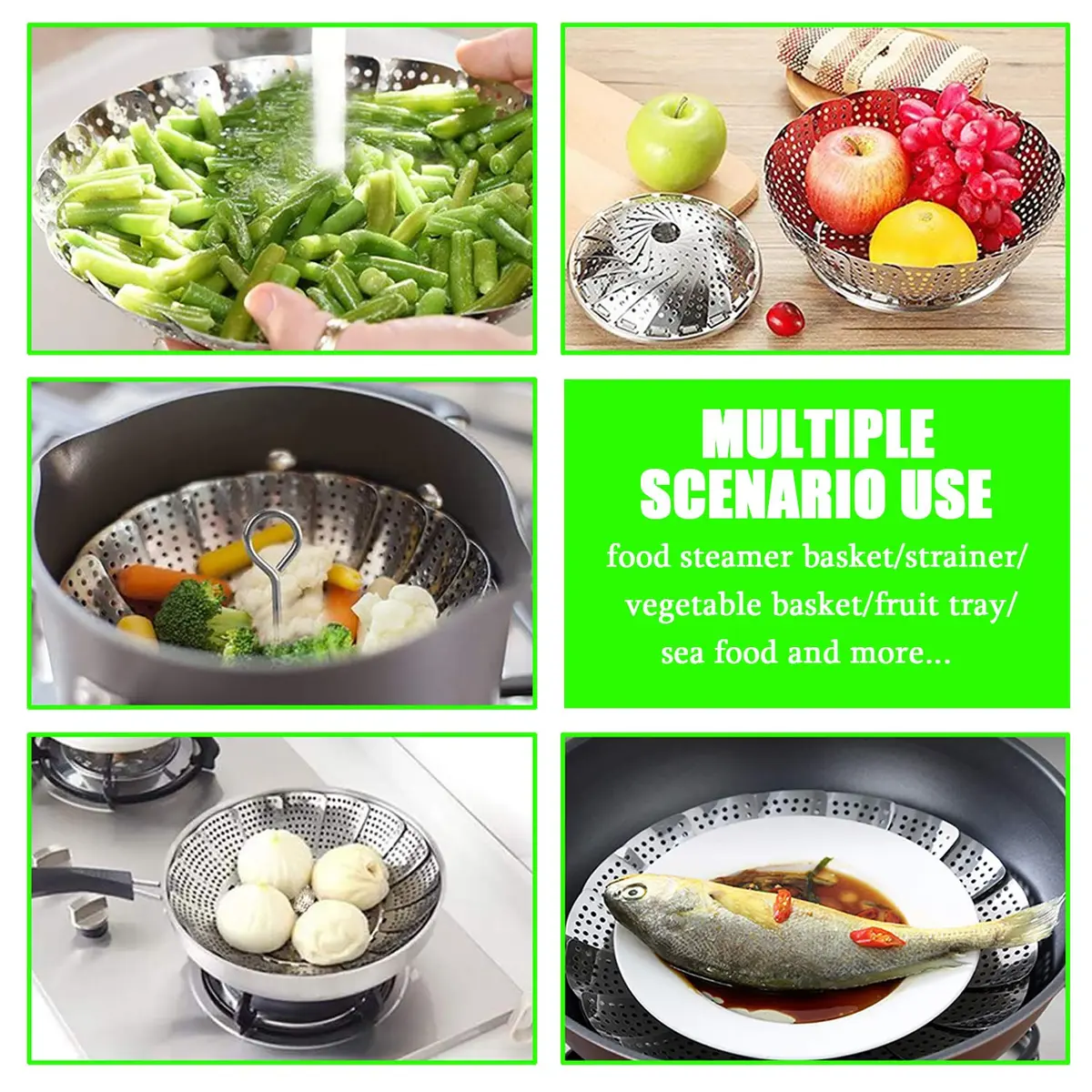 JMTEEA Stainless Steel Steamer Basket with Folding Silicone Feet & Safety Tool, 15.6cm (6.1" to 9.5") Adjustable Diameter | Healthy Cooking for Veggies, Fish, Seafood - view 5