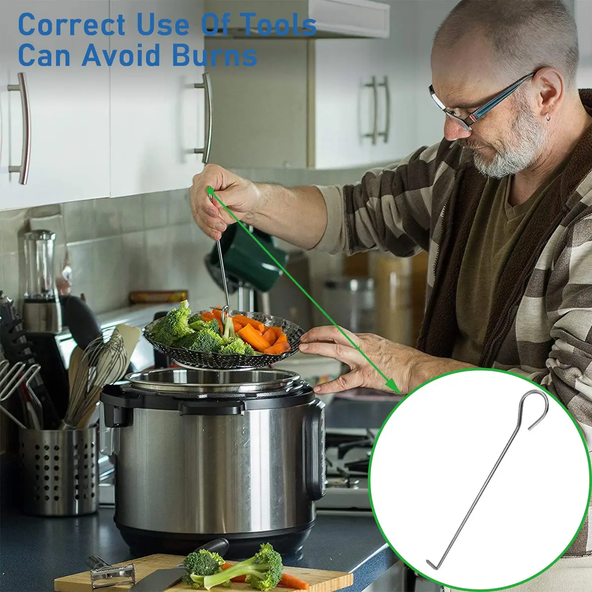 JMTEEA Stainless Steel Steamer Basket with Folding Silicone Feet & Safety Tool, 15.6cm (6.1" to 9.5") Adjustable Diameter | Healthy Cooking for Veggies, Fish, Seafood - view 6