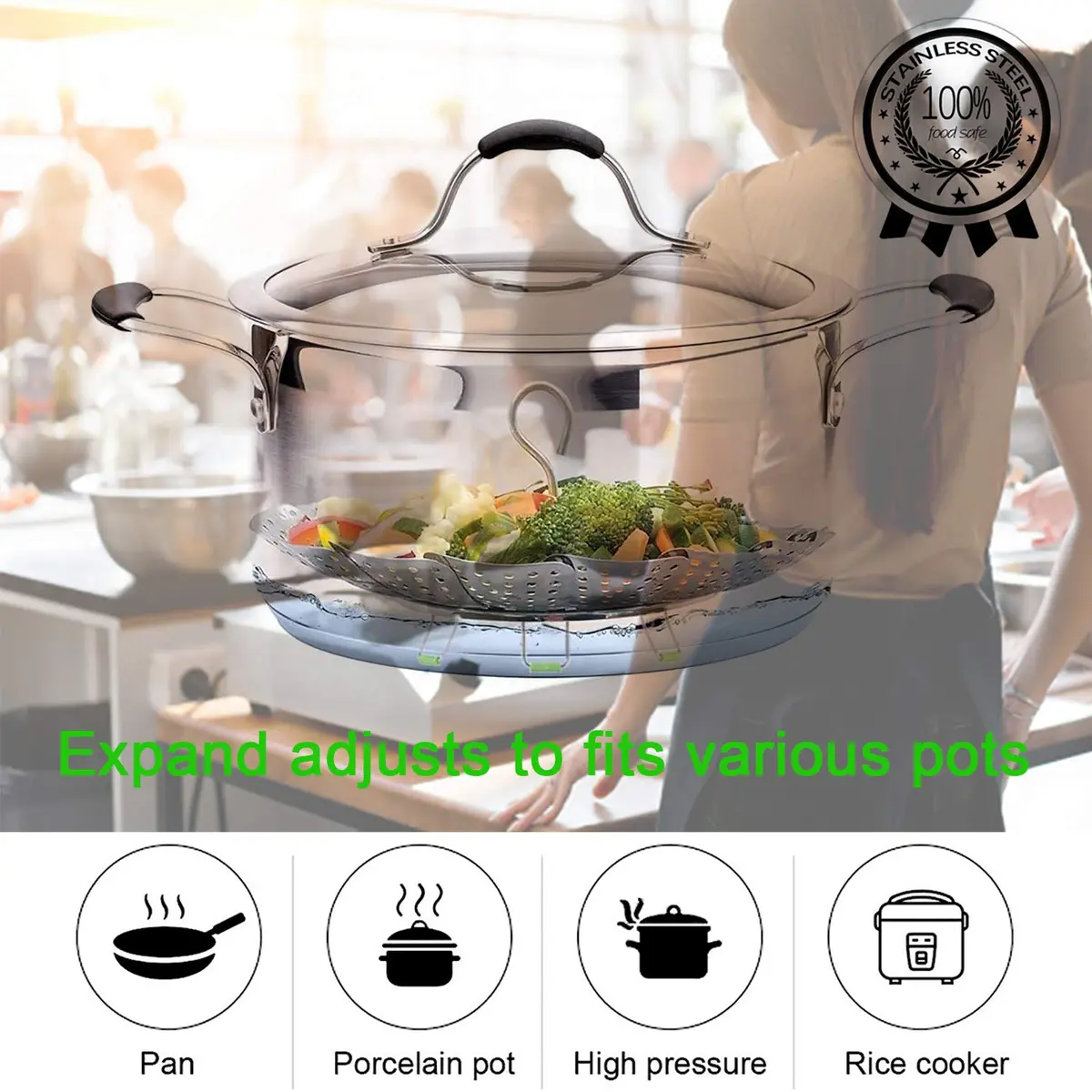 JMTEEA Stainless Steel Steamer Basket with Folding Silicone Feet & Safety Tool, 15.6cm (6.1" to 9.5") Adjustable Diameter | Healthy Cooking for Veggies, Fish, Seafood - view 7
