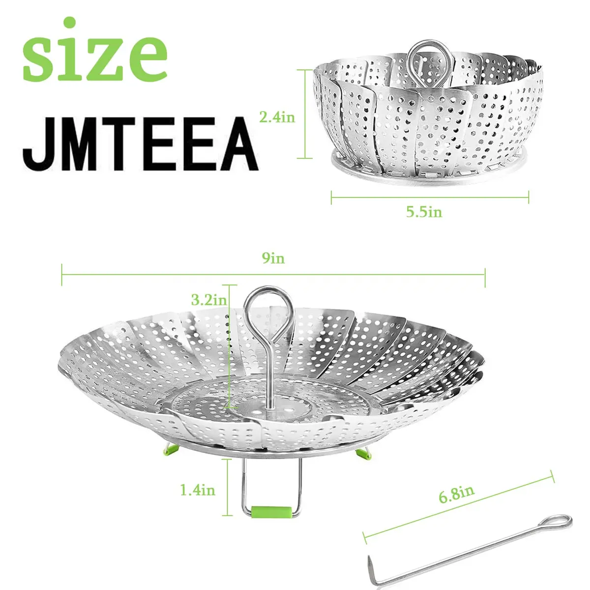 JMTEEA Stainless Steel Steamer Basket with Folding Silicone Feet & Safety Tool, 15.6cm (6.1" to 9.5") Adjustable Diameter | Healthy Cooking for Veggies, Fish, Seafood - view 2