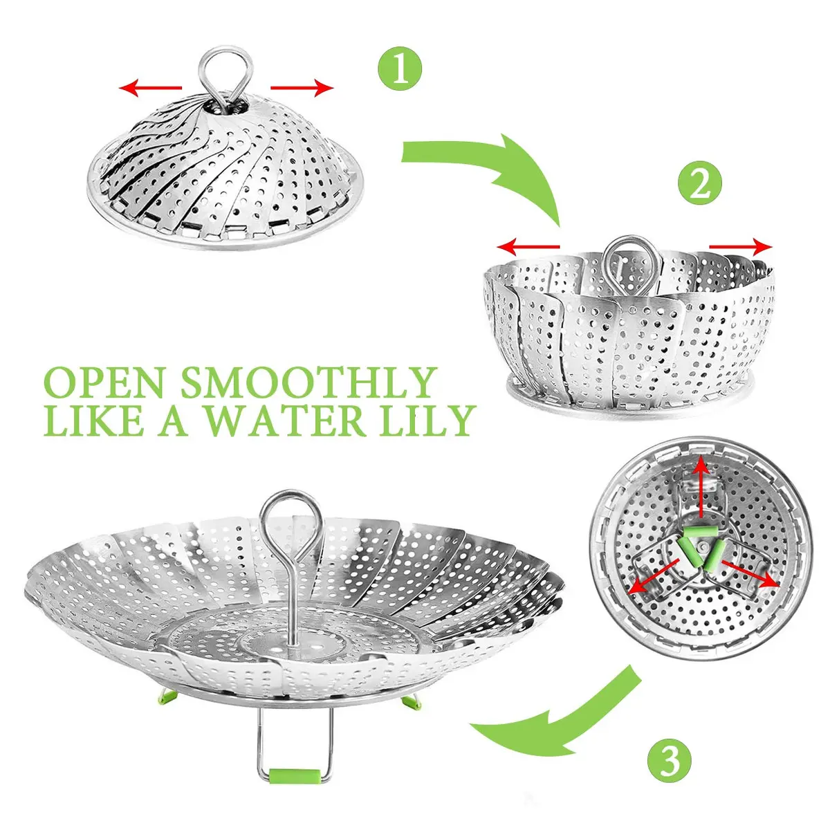 JMTEEA Stainless Steel Steamer Basket with Folding Silicone Feet & Safety Tool, 15.6cm (6.1" to 9.5") Adjustable Diameter | Healthy Cooking for Veggies, Fish, Seafood - view 4