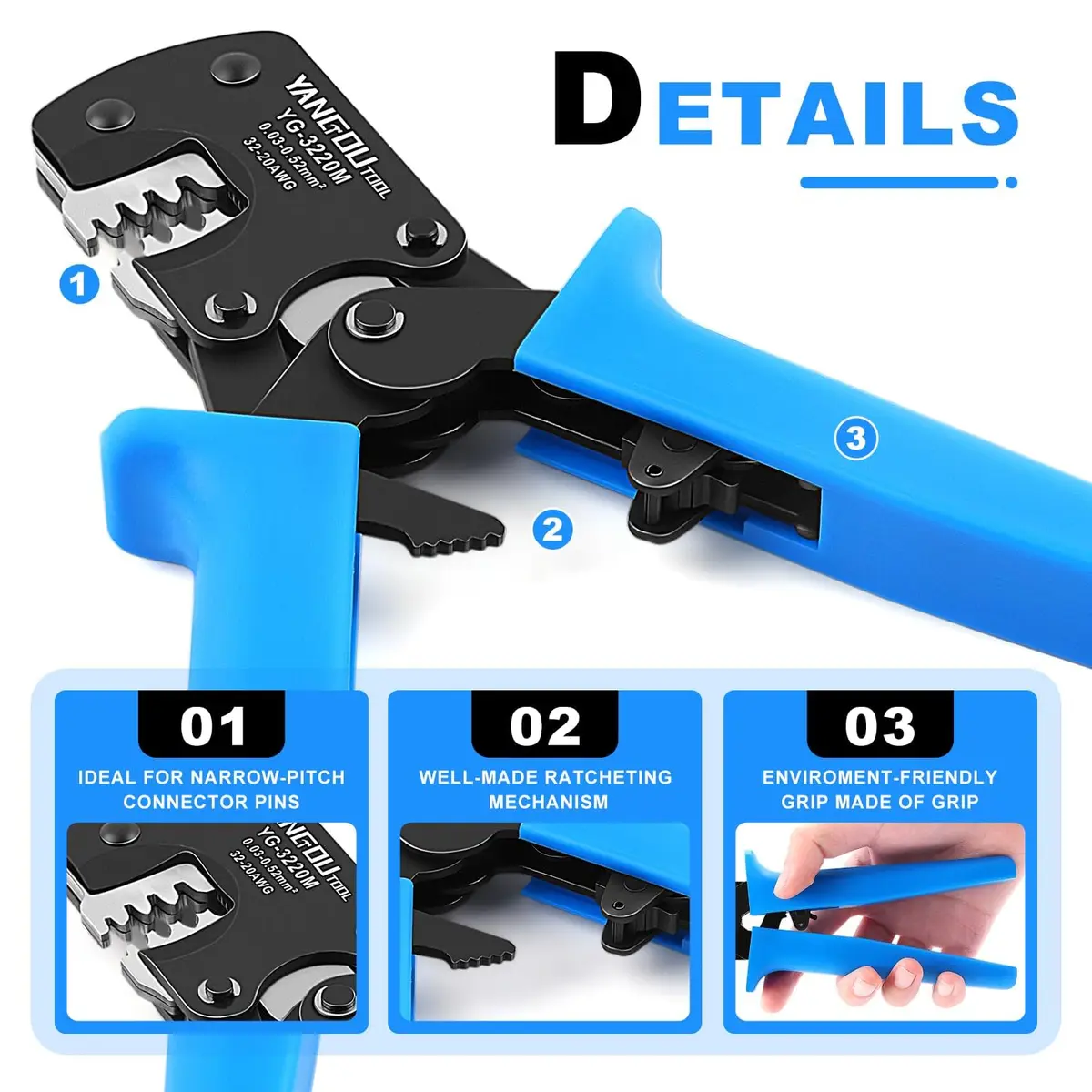 Yangoutool Micro Molex Crimper: 32-20AWG (0.03-0.52mm²) | Compatible with Molex, JST, JAE, D-Sub, Precision Crimping Tool - view 4
