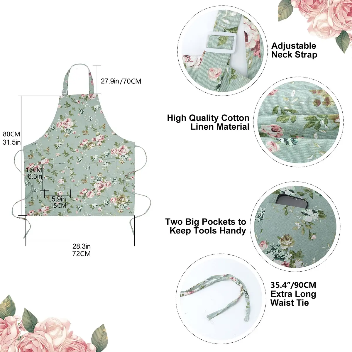 Saukore Floral Aprons for Women | Stylish Kitchen & Garden Aprons, 2 Pack, Cotton Canvas (72x80 cm) - view 7