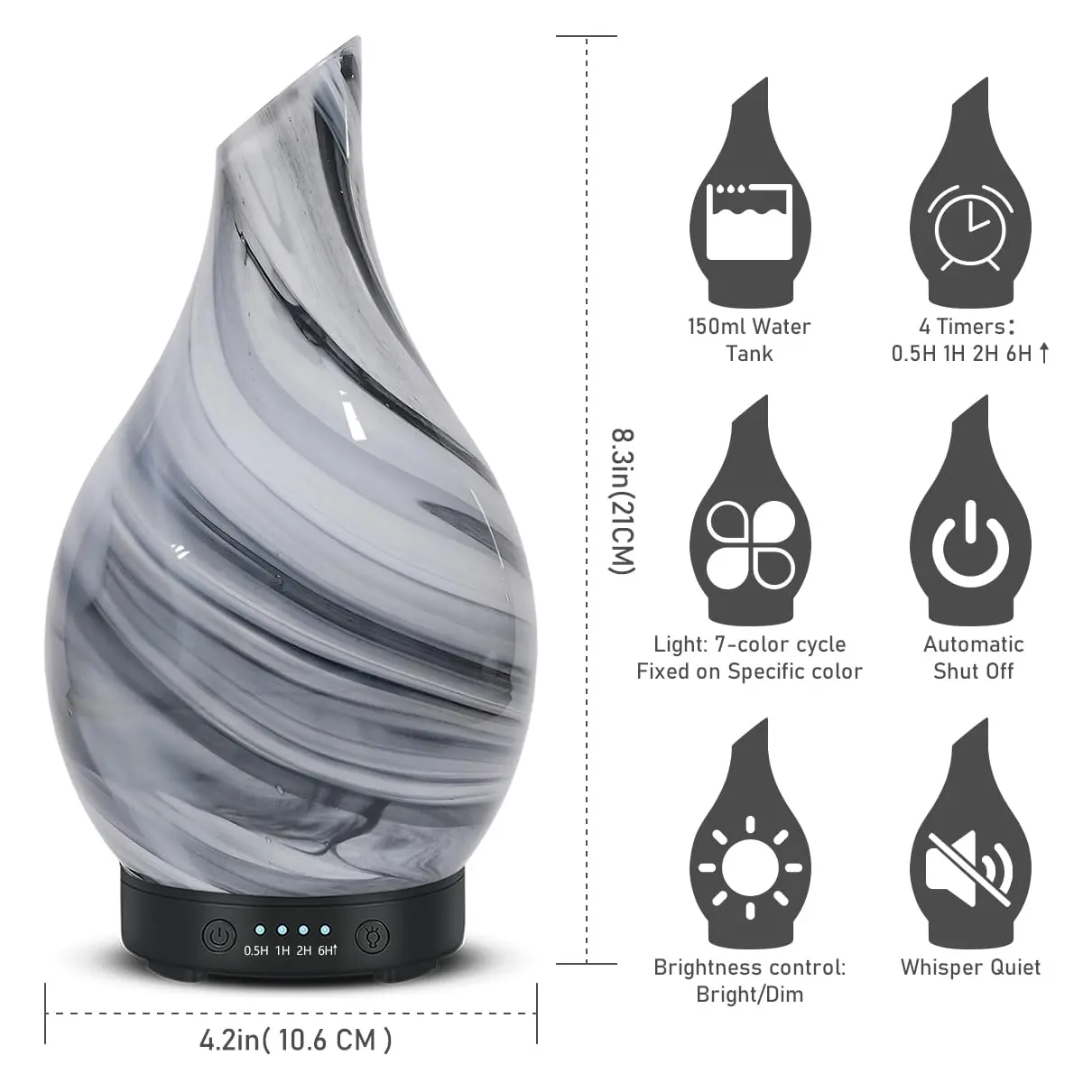EQUSUPRO Essential Oil Diffuser 150ml | Ultrasonic Aromatherapy Diffuser with 7 LED Lights, Auto Shut-Off, US Plug, Handmade Glass Cover - view 5