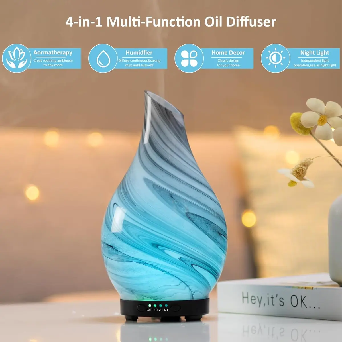 EQUSUPRO Essential Oil Diffuser 150ml | Ultrasonic Aromatherapy Diffuser with 7 LED Lights, Auto Shut-Off, US Plug, Handmade Glass Cover - view 4