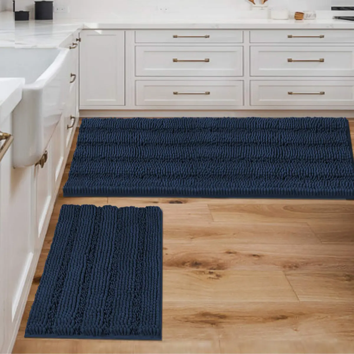H.VERSAILTEX 2 Piece Bathroom Set - Super Absorbent Chenille Striped Bath Mats, Non Skid, Machine Washable - Navy, 47 x 17 Plus 17 x 24 Inches - main product image