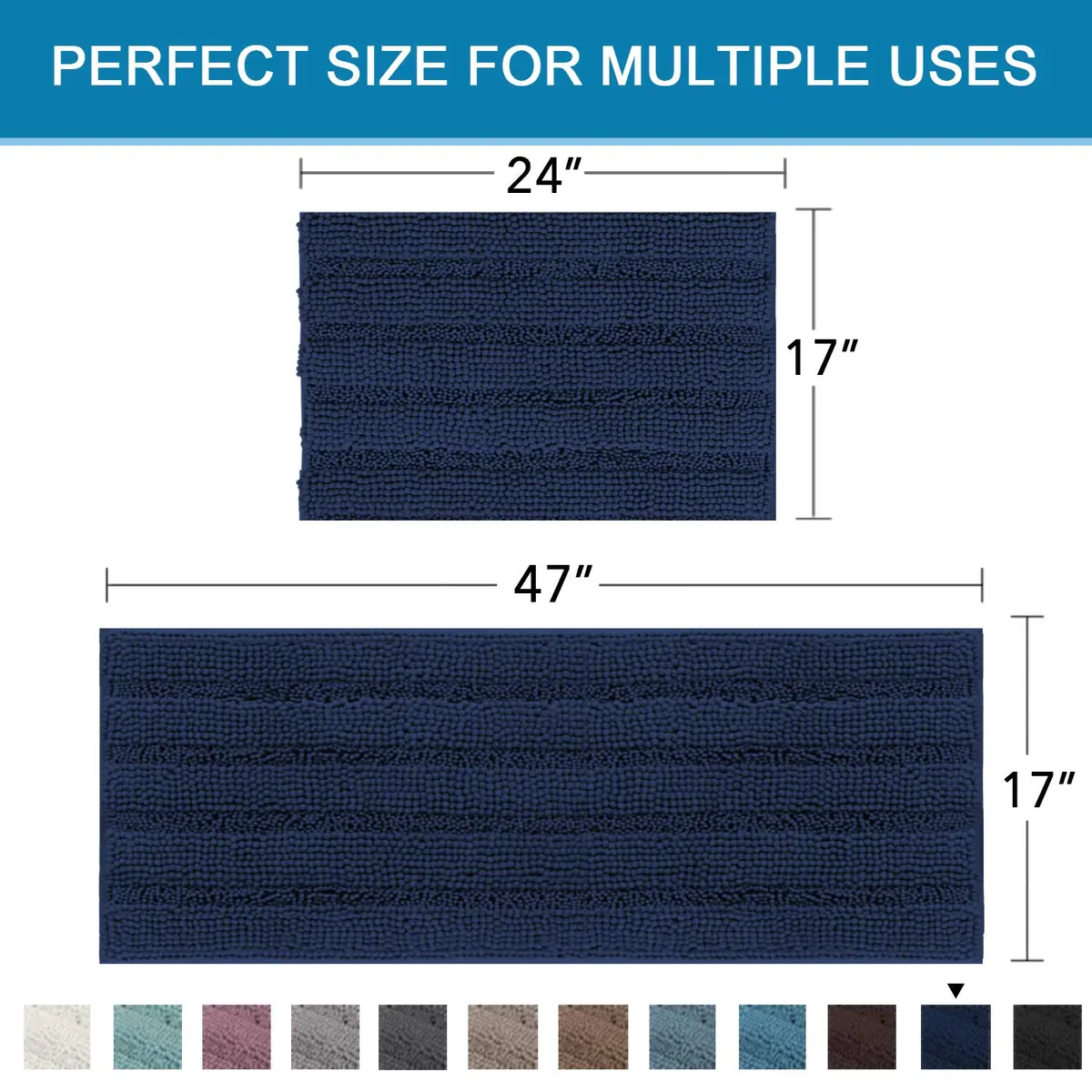 H.VERSAILTEX 2 Piece Bathroom Set - Super Absorbent Chenille Striped Bath Mats, Non Skid, Machine Washable - Navy, 47 x 17 Plus 17 x 24 Inches - view 2