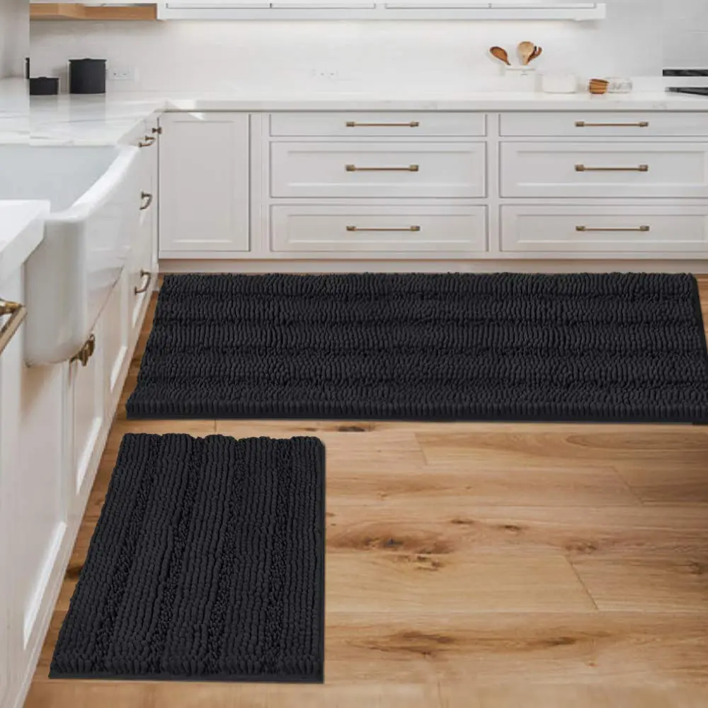 H.VERSAILTEX 2 Piece Bathroom Set - Super Absorbent Chenille Striped Bath Mats, Non Skid, Machine Washable - Jet Black, 47 x 17 Plus 17 x 24 Inches - main product image