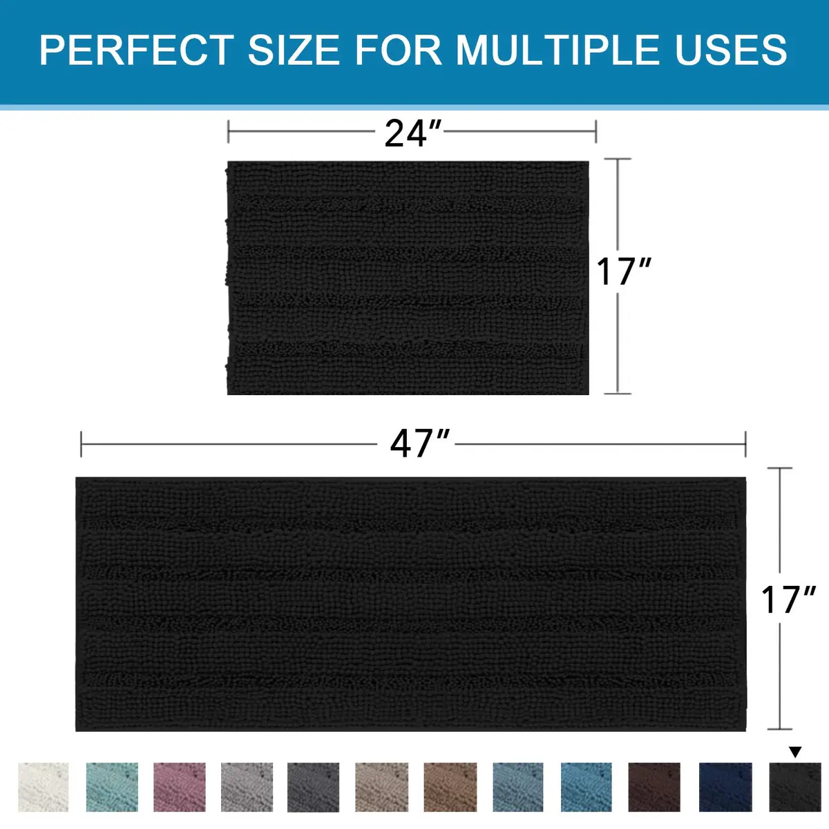 H.VERSAILTEX 2 Piece Bathroom Set - Super Absorbent Chenille Striped Bath Mats, Non Skid, Machine Washable - Jet Black, 47 x 17 Plus 17 x 24 Inches - view 2