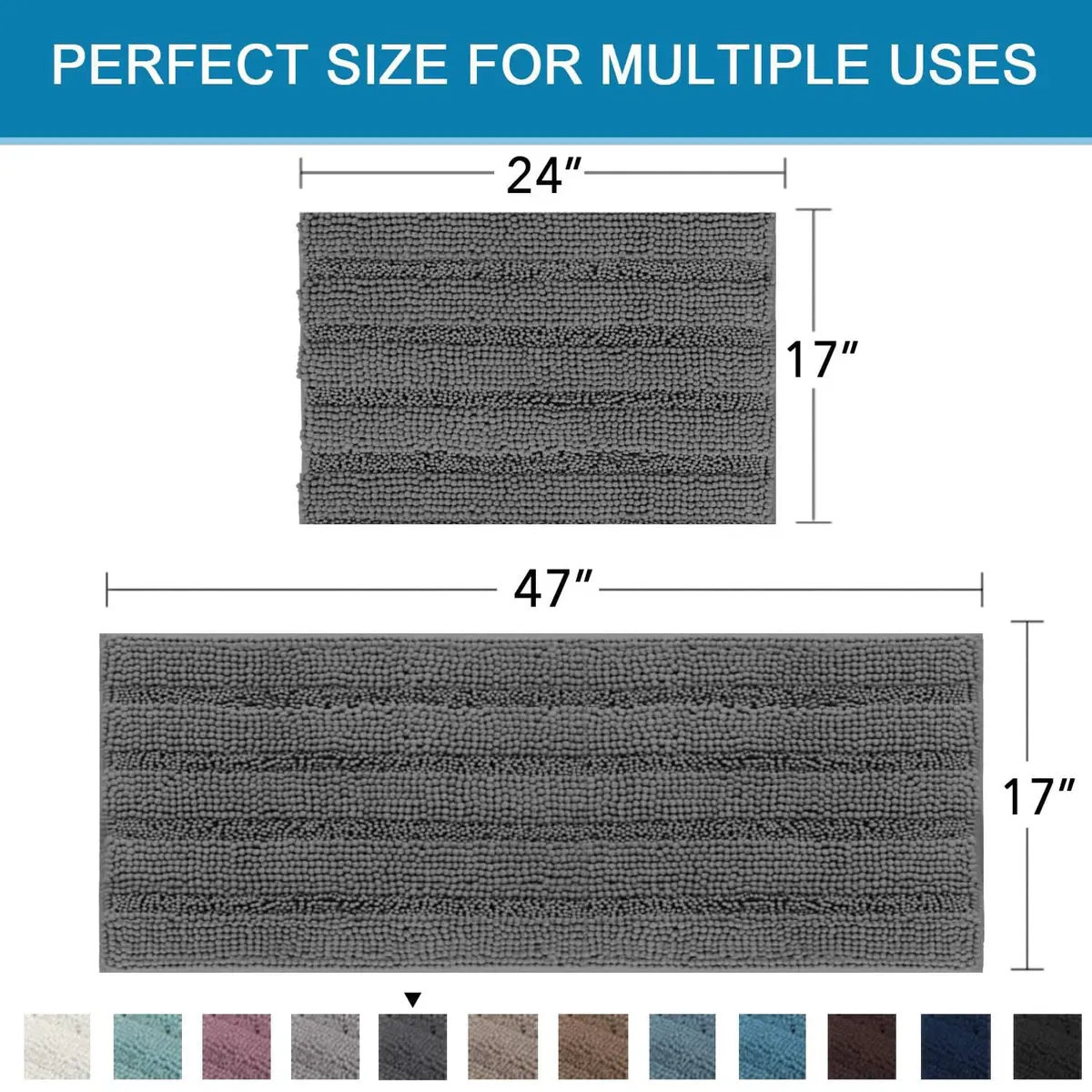 H.VERSAILTEX 2 Piece Bathroom Set - Super Absorbent Chenille Striped Bath Mats - Non Skid, Machine Washable - Grey, 47 x 17 Plus 17 x 24 - view 5