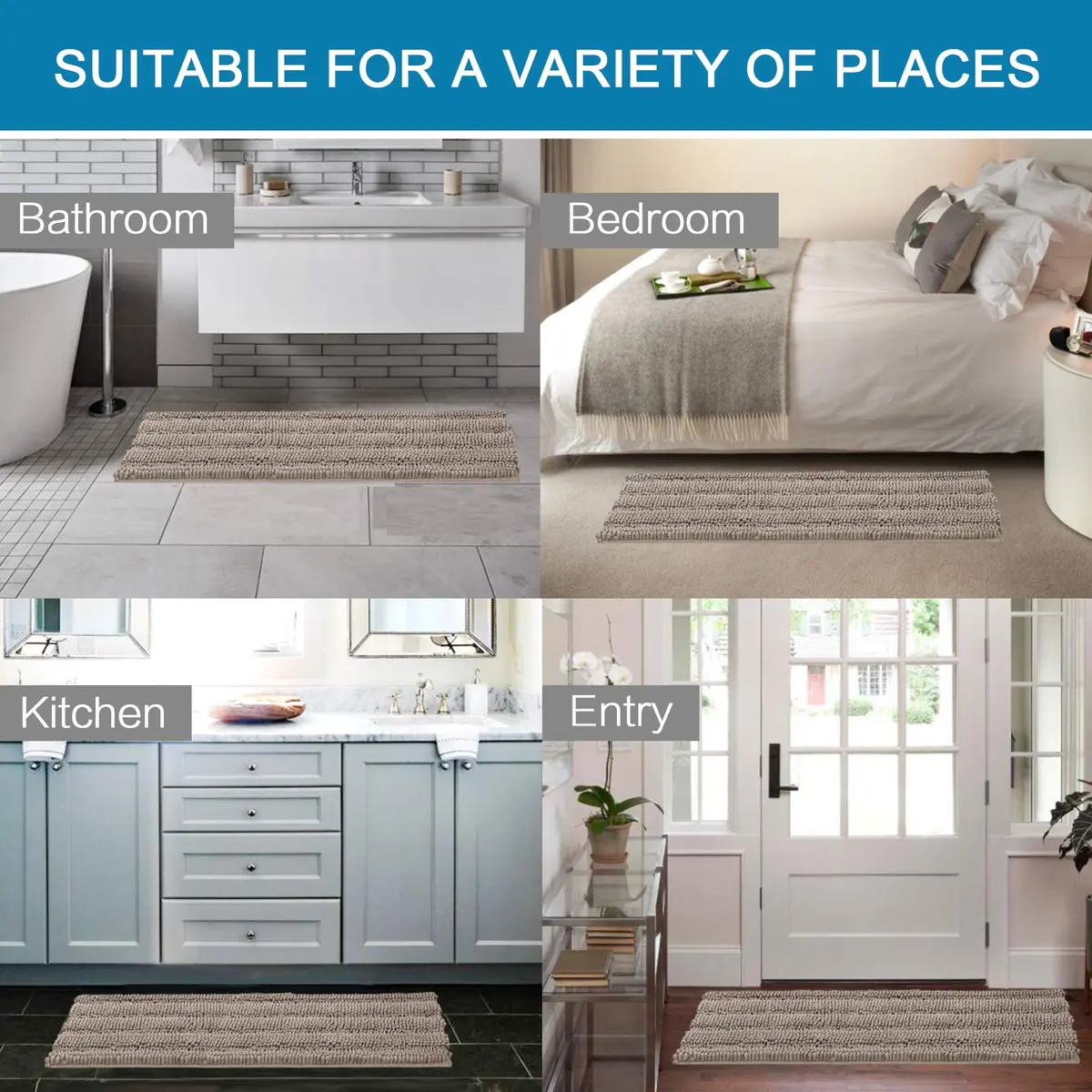 H.VERSAILTEX Bathroom Rugs 2 Piece Set | Ultra Thick Water Absorbent Chenille Bath Mats (47" x 17" + 20" x 20") - view 3