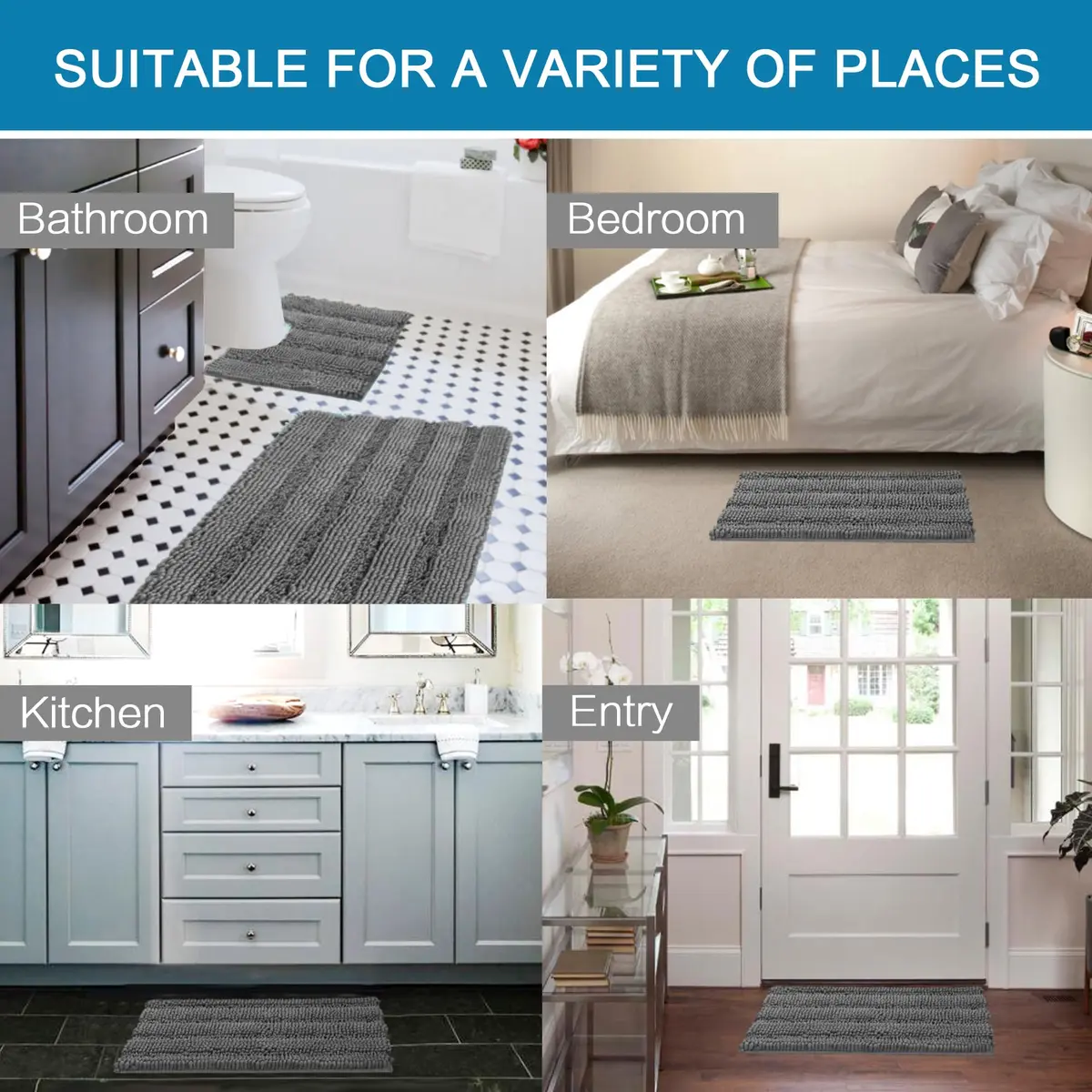 H.VERSAILTEX Bathroom Rugs 2 Piece Set | Ultra Thick Water Absorbent Chenille Bath Mats in Grey - view 6