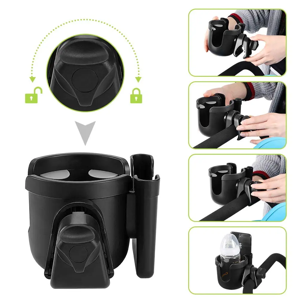 Accmor Universal Stroller Cup Holder with Phone Holder & Organizer | 2-in-1 Drinks Holder for Walker, Wheelchair, Scooter, Bike (Black, 2-Pack) - view 5