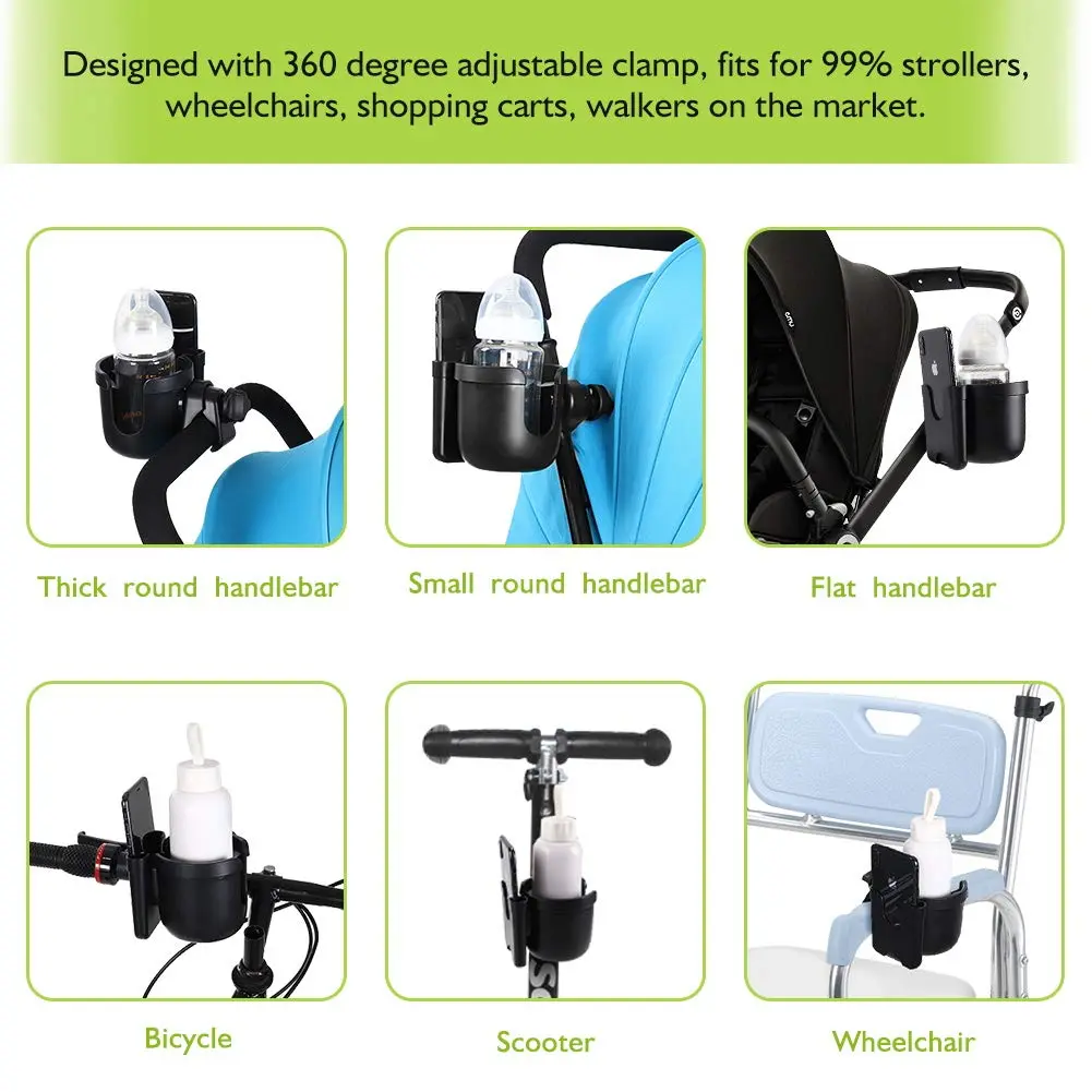 Accmor Universal Stroller Cup Holder with Phone Holder & Organizer | 2-in-1 Drinks Holder for Walker, Wheelchair, Scooter, Bike (Black, 2-Pack) - view 7