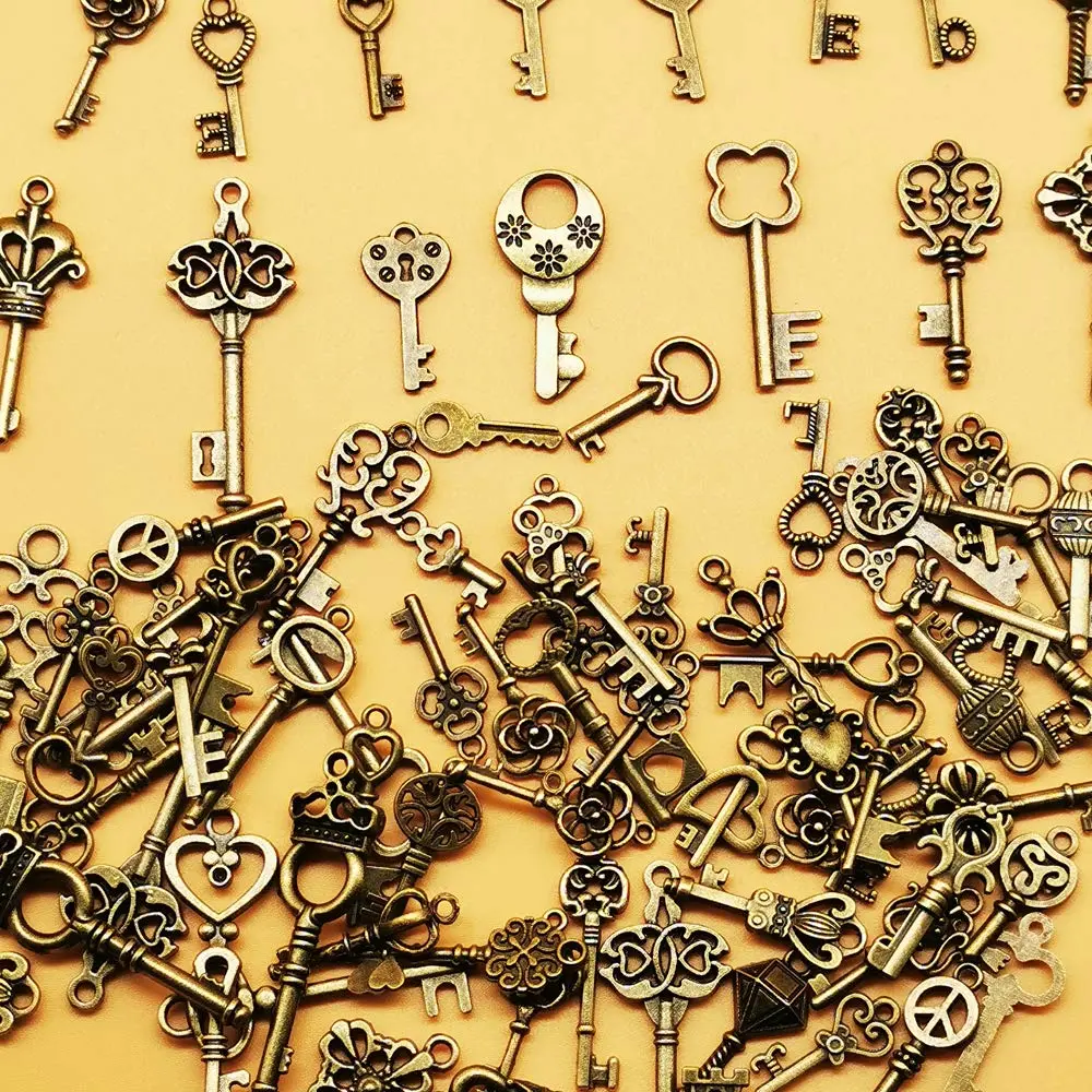 CHuangQi Vintage Skeleton Keys Set 125pcs | Steampunk Antique Bronze Jewelry Charms - view 4