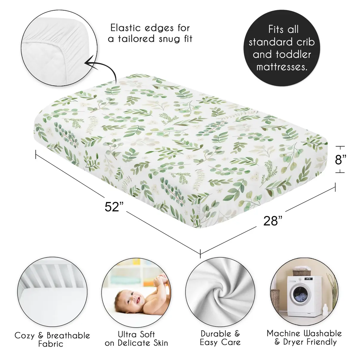 Sweet Jojo Designs Watercolor Botanical Crib Sheet 160cm x 120cm | Boho Floral Leaf Print for Girls & Boys - view 4