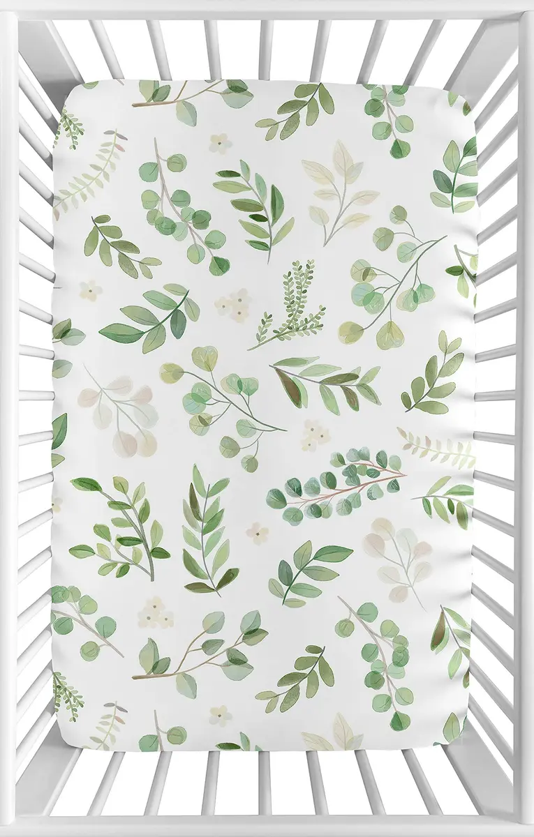 Sweet Jojo Designs Botanical Leaf Mini Crib Sheet 38 in. x 24 in. (96.5 cm x 61 cm) | Boho Watercolor Woodland Garden - main product image