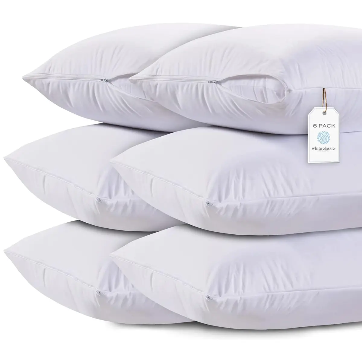 White Classic King Pillow Covers with Zipper 6 Pack - 20 x 36 Inch (51x91 cm) | 200 Thread Count Zippered Pillow Protector - main product image