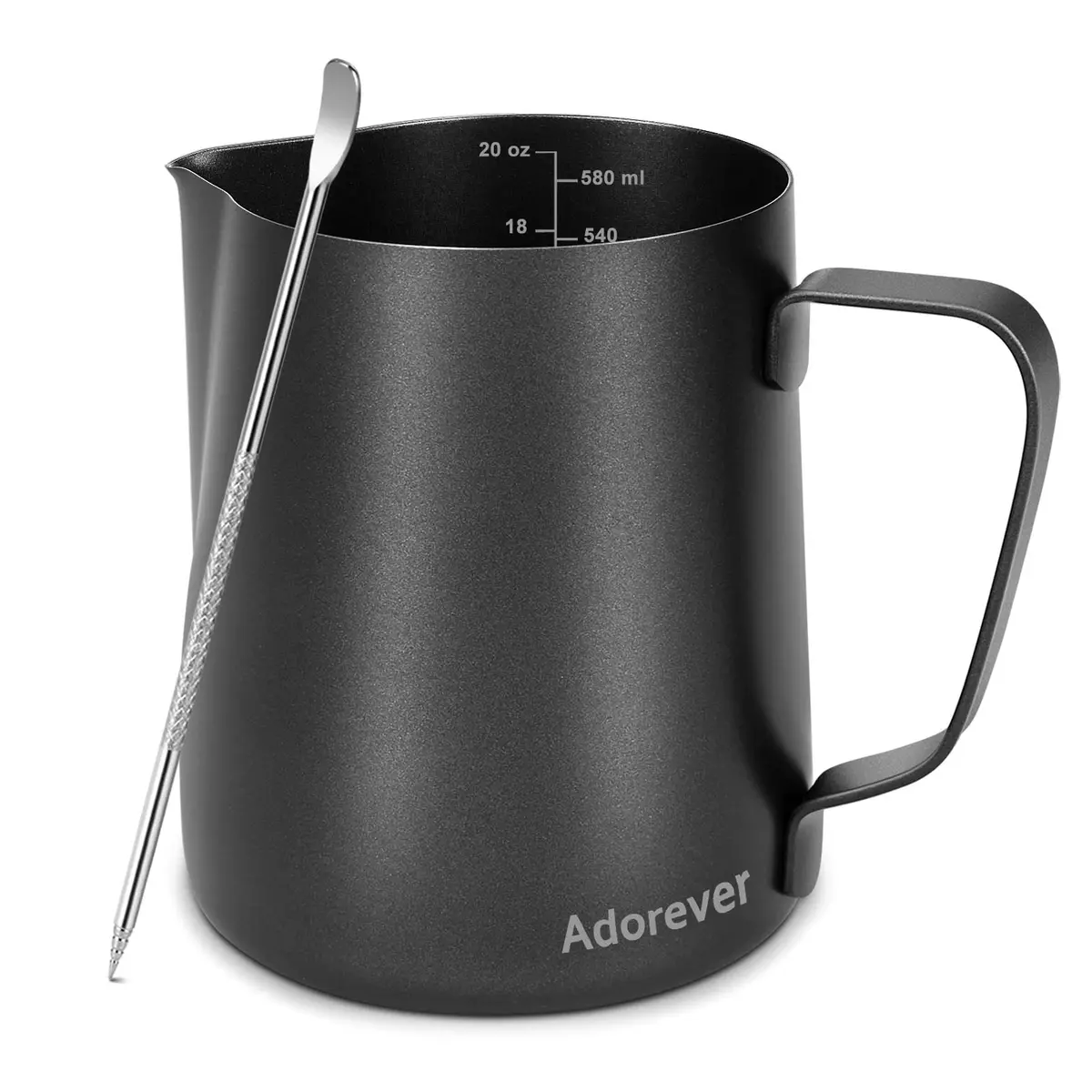 Adorever Matte Black 600ml (20oz) Milk Frothing Pitcher with Latte Art Pen | Perfect for Home Baristas - main product image