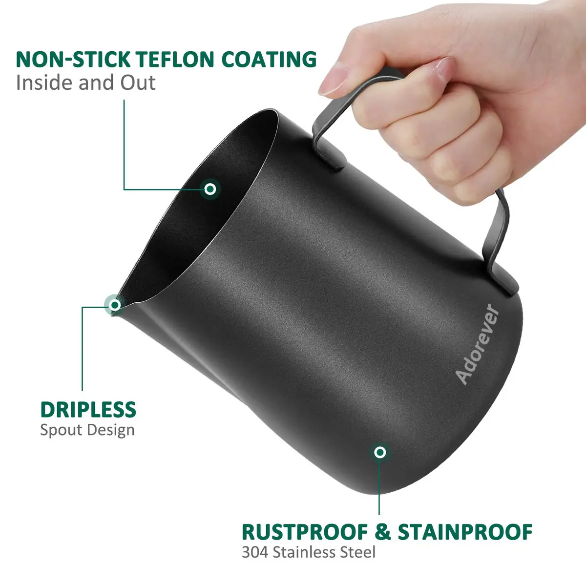 Adorever Matte Black 600ml (20oz) Milk Frothing Pitcher with Latte Art Pen | Perfect for Home Baristas - view 2