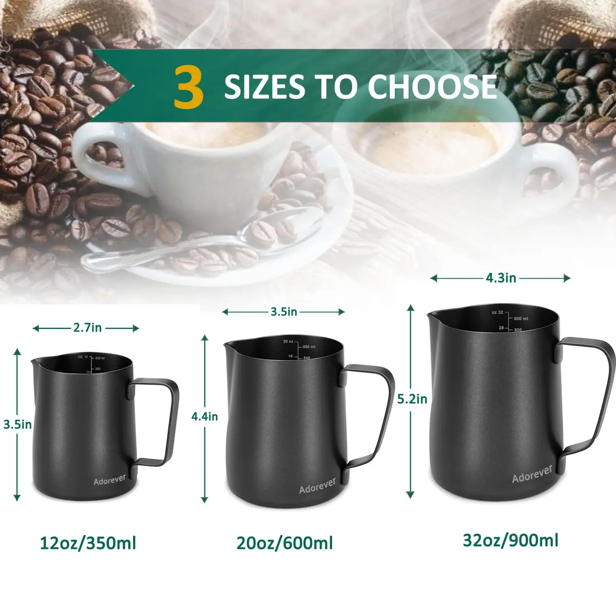 Adorever Matte Black 600ml (20oz) Milk Frothing Pitcher with Latte Art Pen | Perfect for Home Baristas - view 4