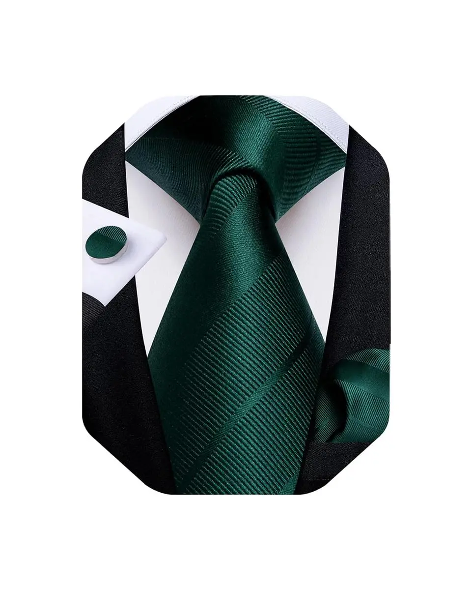 DiBanGu Forest Green Solid Silk Necktie Set with Pocket Square & Cufflinks | 59 inches x 3.15 inches - main product image