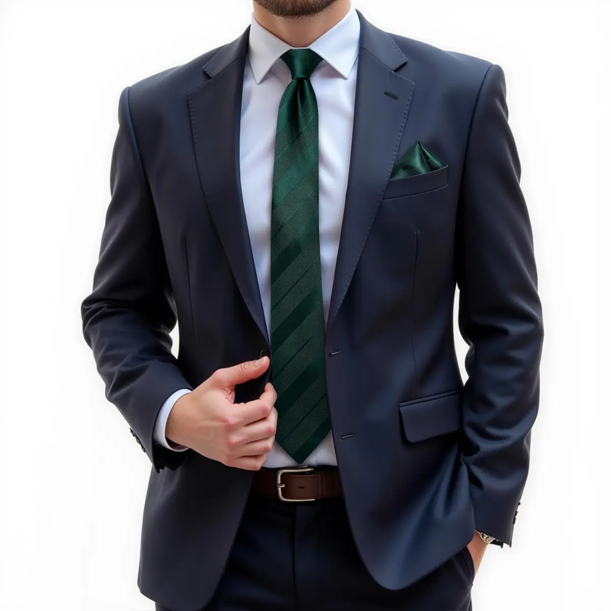 DiBanGu Forest Green Solid Silk Necktie Set with Pocket Square & Cufflinks | 59 inches x 3.15 inches - view 2