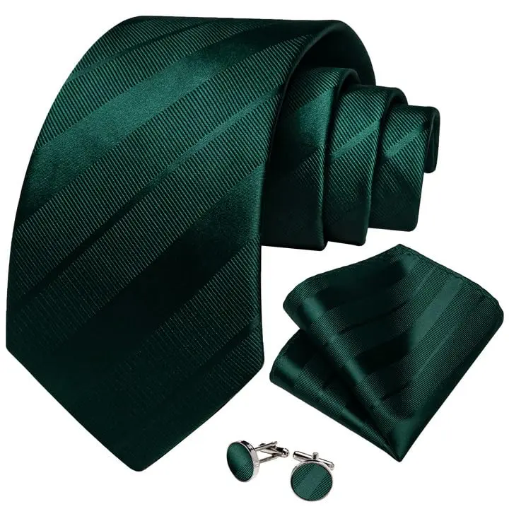 DiBanGu Forest Green Solid Silk Necktie Set with Pocket Square & Cufflinks | 59 inches x 3.15 inches - view 4