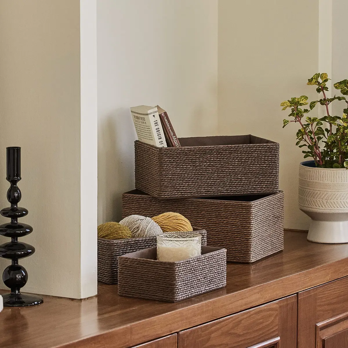 LA JOLIE MUSE Bathroom Basket Organizers, Paper Rope Storage, Brown 4 Pack | Eco-Friendly & Versatile - view 2