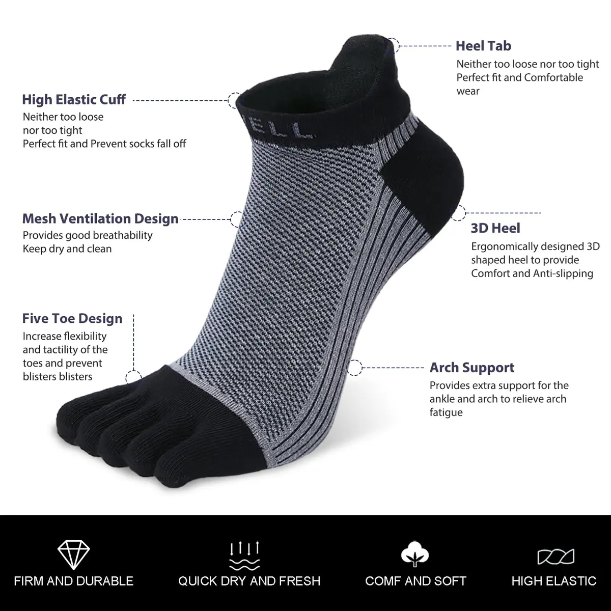 VWELL Men's Cotton Toe Socks No Show Five Finger Socks for Running, 4 Pairs | Breathable & Odor-Free - view 4
