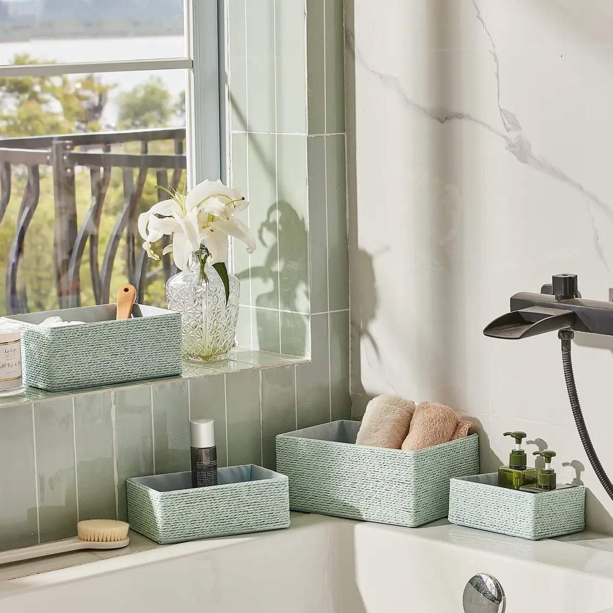 LA JOLIE MUSE Bathroom Basket Organizers, Paper Rope Storage, Green 4 Pack | Eco-Friendly & Versatile - view 2