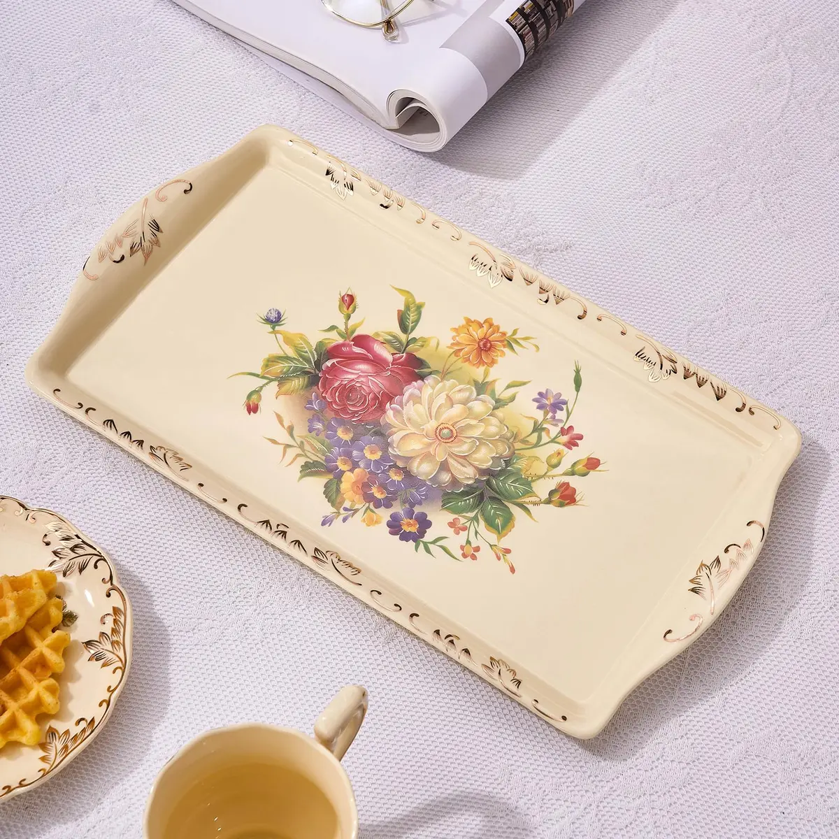 YOLIFE Ceramic Serving Tray Flowering Shrubs 34cm (13.5 inch) x 19cm (7.5 inch) | Elegant Porcelain Platter for Indian Homes - view 5