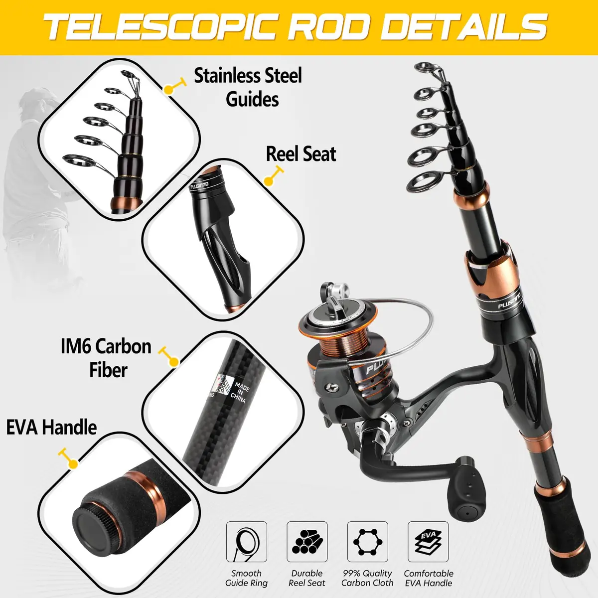 PLUSINNO Bronze Warrior Telescopic Fishing Rod and Reel Combo 2.10M (6.89FT) | Portable Freshwater Fishing Gear with 12+1 Bearings - view 3