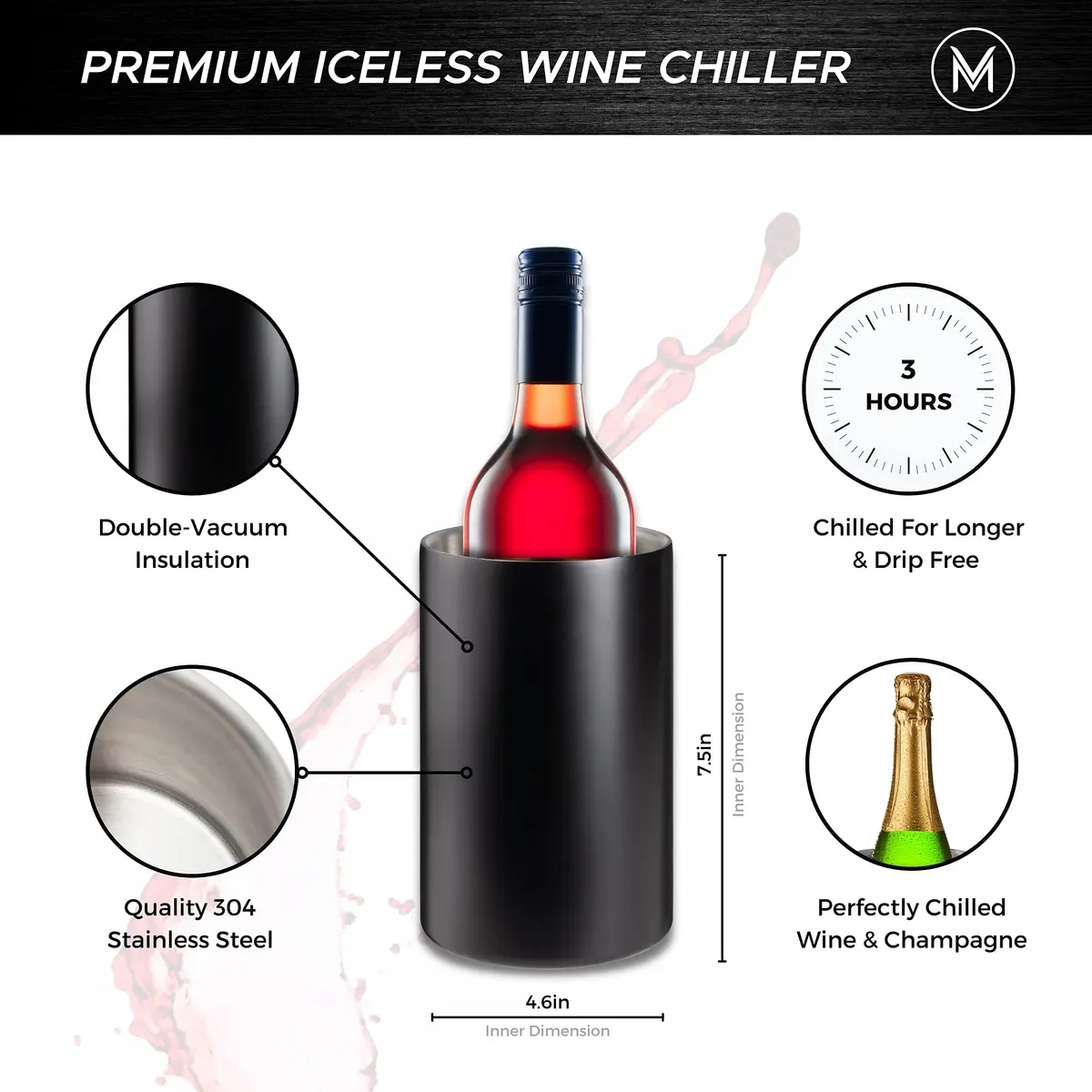 Villa & Marx Wine Chiller Black | Double Walled Insulated Bottle Cooler (Large) - view 4