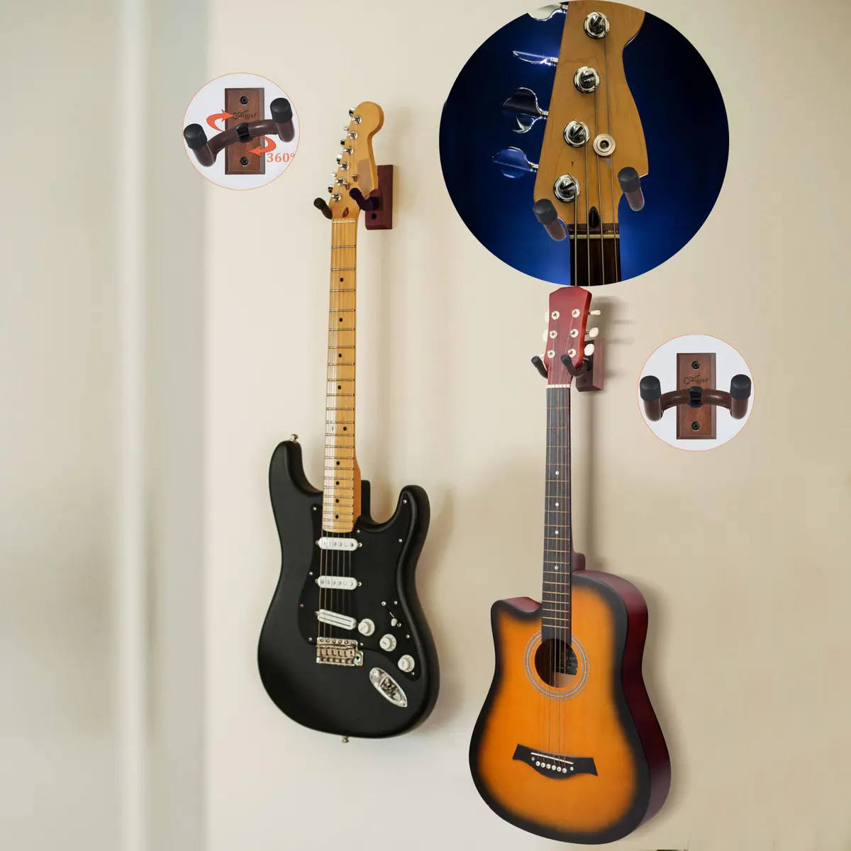 SNIGJAT Guitar Wall Mount 2 Pack, U-Shaped Wood Guitar Hanger with Rotating Yoke | Securely Displays Acoustic, Electric, Bass Guitars - view 8
