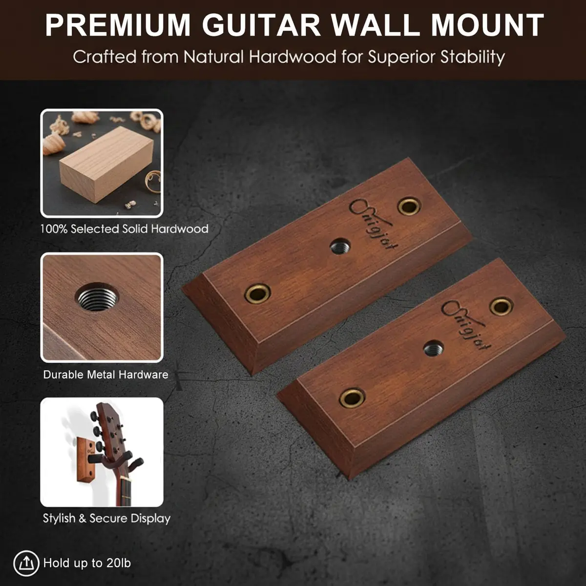 SNIGJAT Guitar Wall Mount 2 Pack, U-Shaped Wood Guitar Hanger with Rotating Yoke | Securely Displays Acoustic, Electric, Bass Guitars - view 2