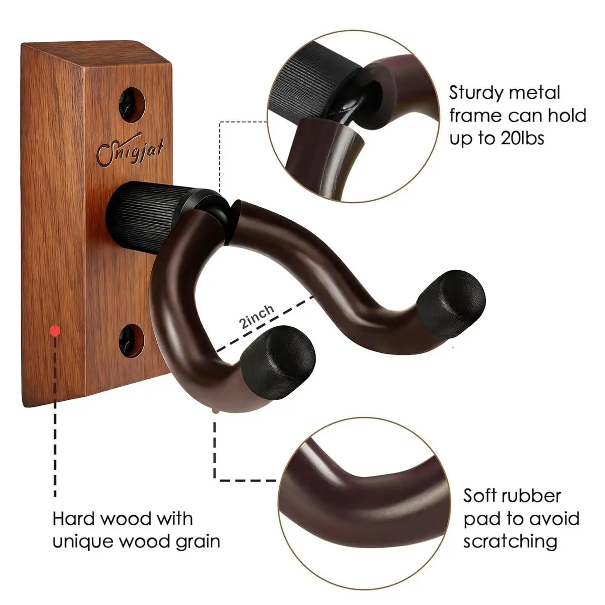 SNIGJAT Guitar Wall Mount 2 Pack, U-Shaped Wood Guitar Hanger with Rotating Yoke | Securely Displays Acoustic, Electric, Bass Guitars - view 4