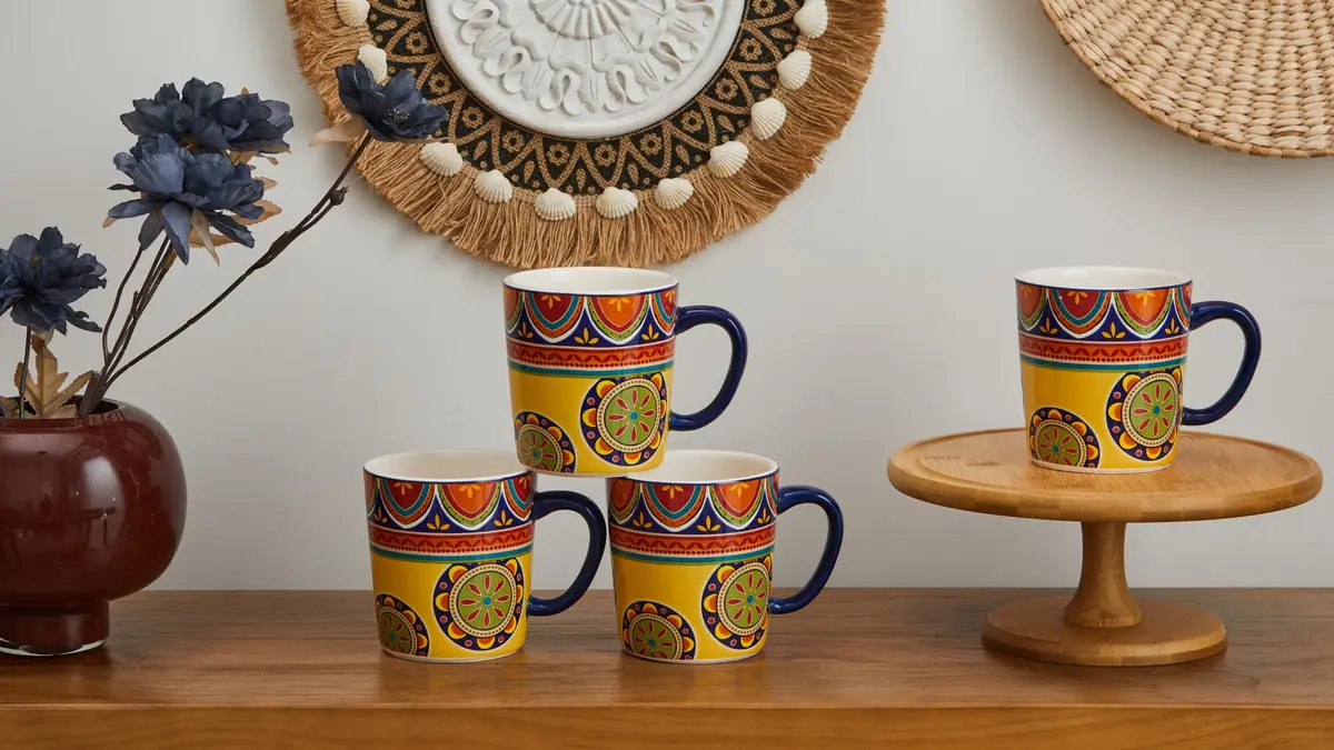 Bico Tunisian Ceramic Coffee Mugs Set of 4, 18 oz Aesthetic Mugs | Vibrant Pattern, Dishwasher Safe - view 5