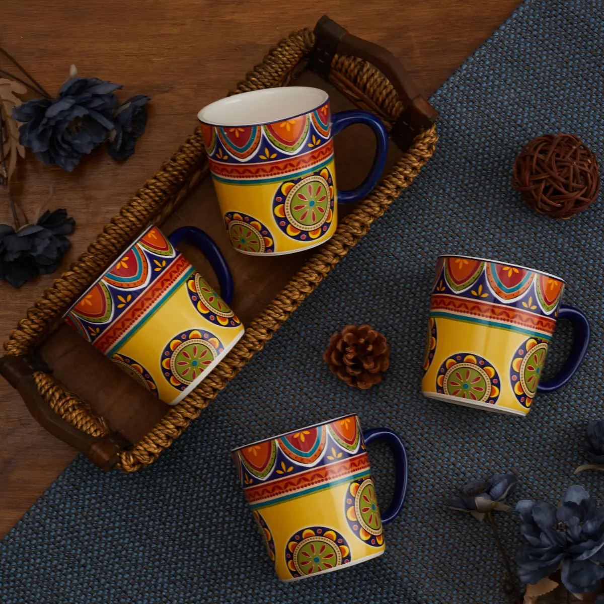 Bico Tunisian Ceramic Coffee Mugs Set of 4, 18 oz Aesthetic Mugs | Vibrant Pattern, Dishwasher Safe - view 4