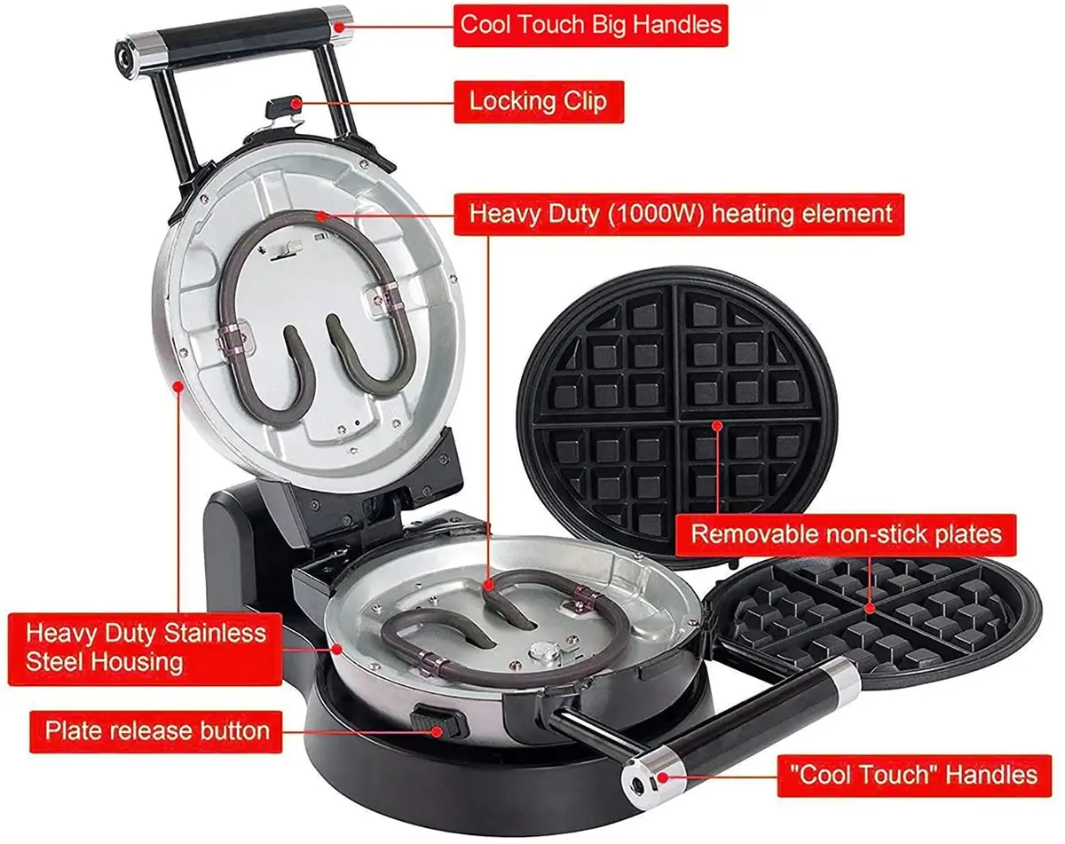 Health and Home 3-in-1 Waffle, Omelet, Egg Waffle Maker | 360° Rotating Belgian Nonstick Plates - view 7